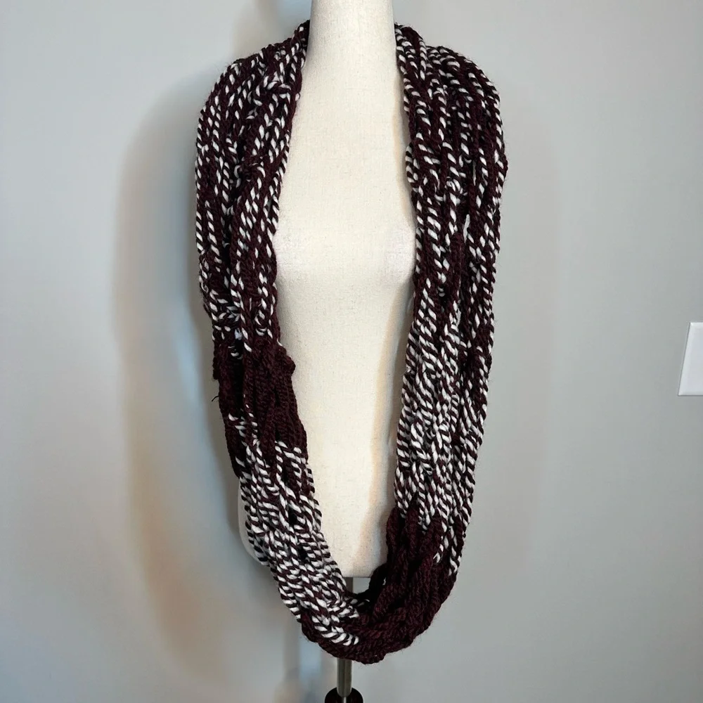 Burgundy and White woven infinity scarf